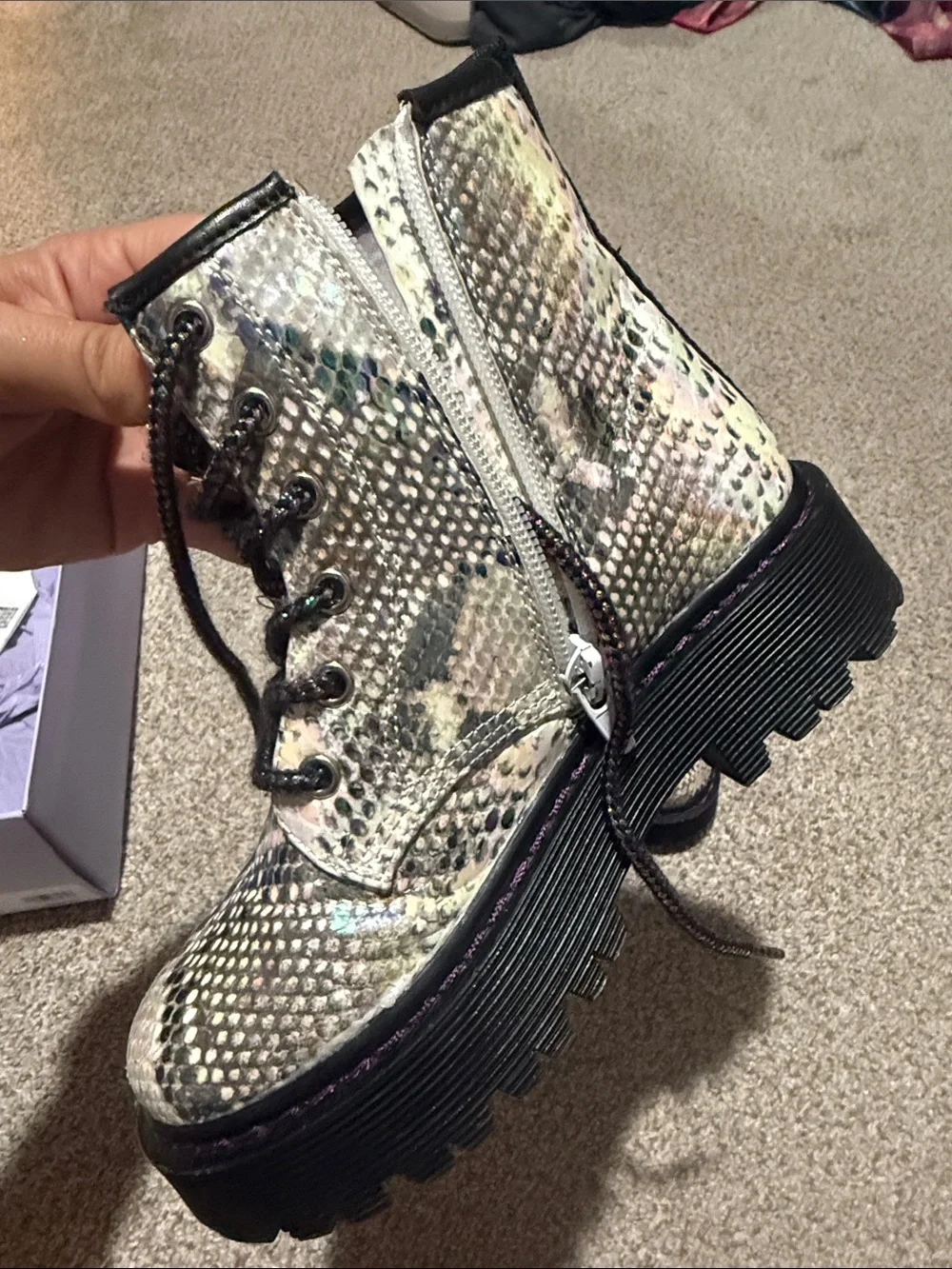 Madden Girl Iridescent Snake-Print Combat Boots - Silver with Multicolor Accents